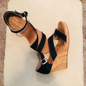 TOMS Black Woven Ankle Strap Wedges